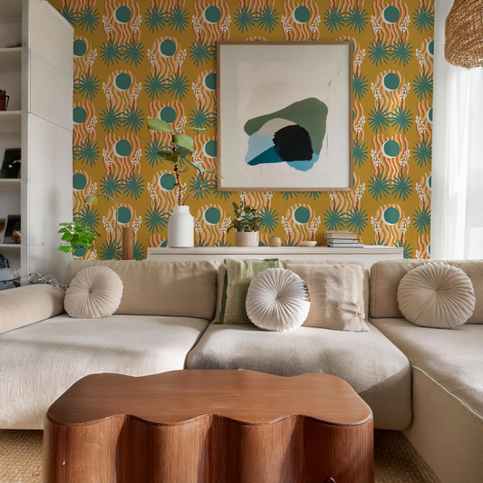 Yucca Moon Wallpaper, mustard and teal