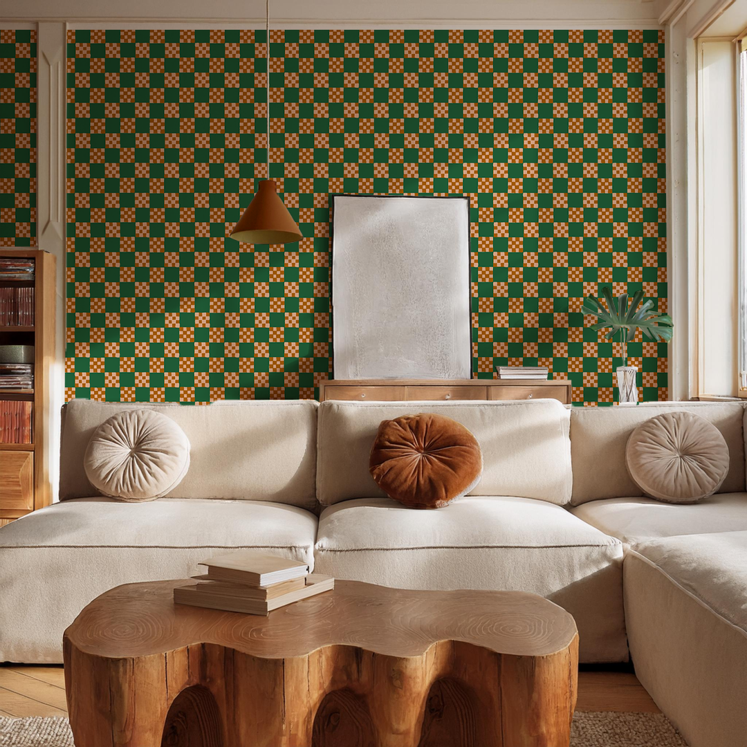 Checkered Quilt Wallpaper, green, peach and toffee