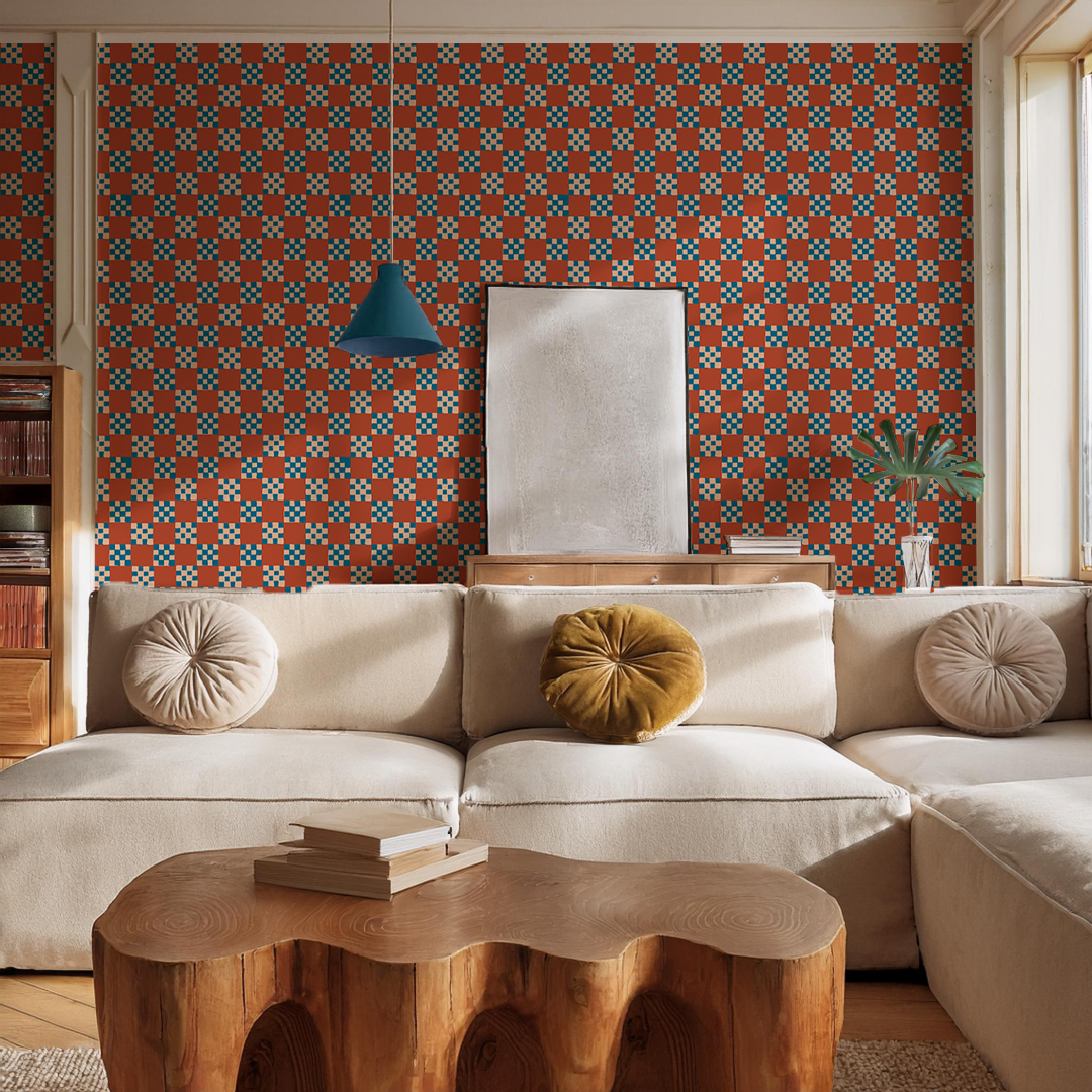 Checkered Quilt Wallpaper, rust, peach & blue