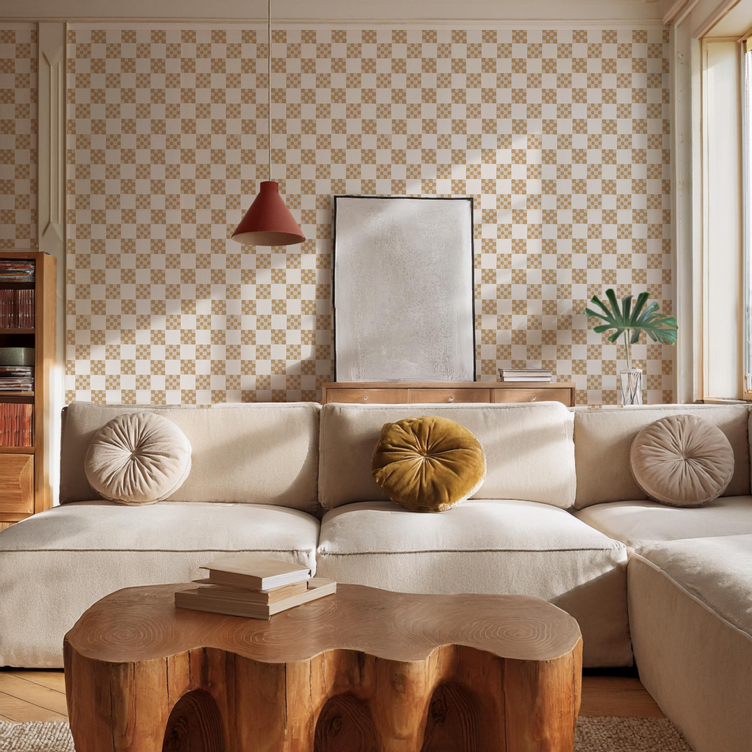 Checkered Quilt Wallpaper, tan and white