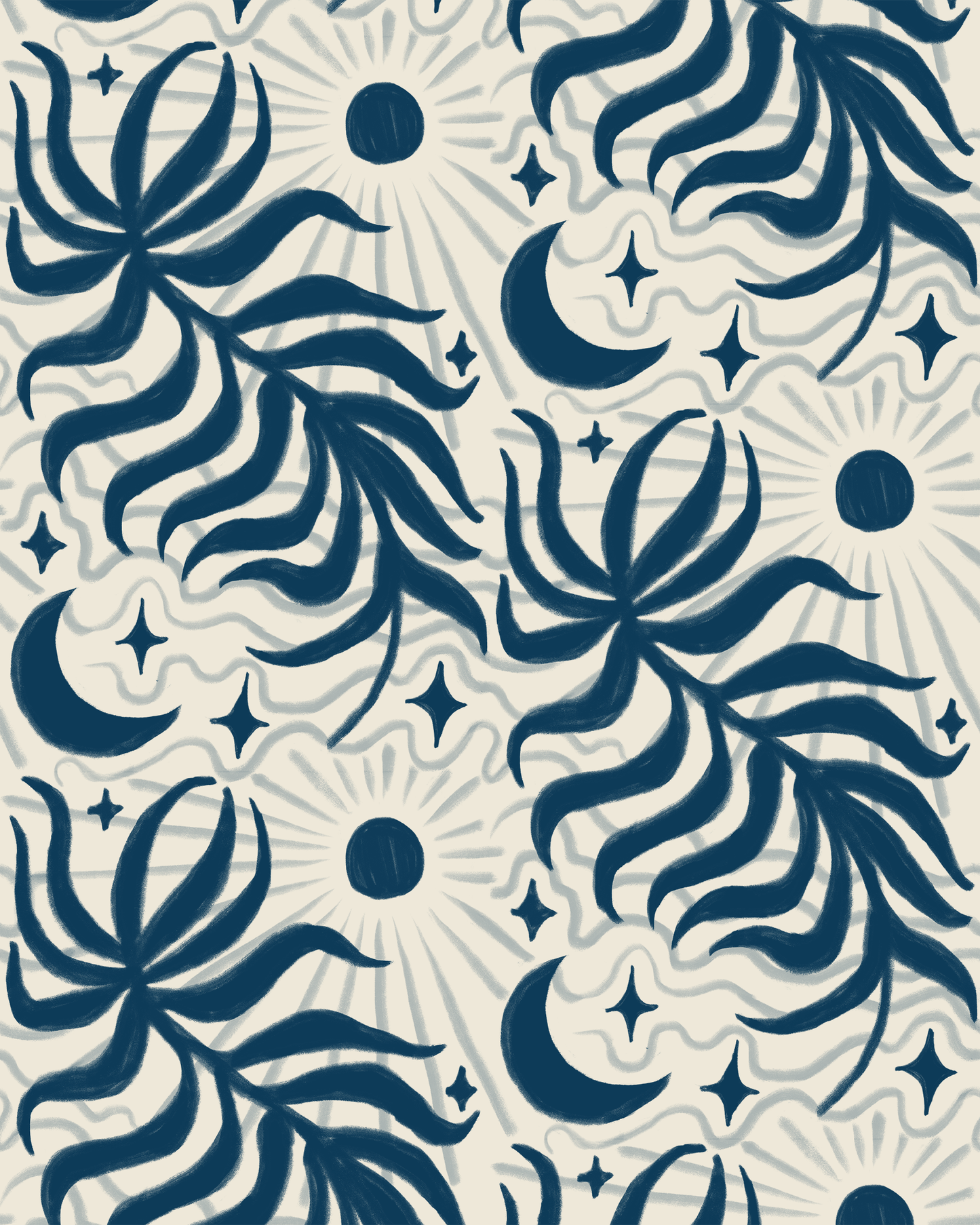 Lunar Leaf Wallpaper, beige and navy