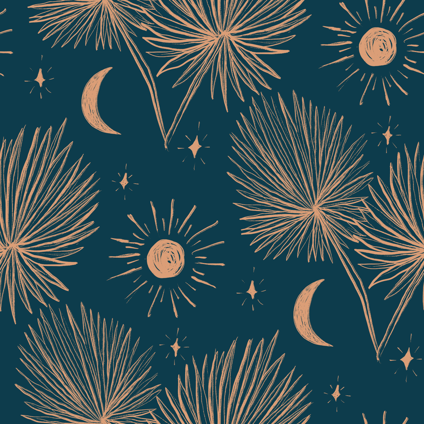 Night Palm Wallpaper, navy and terra cotta