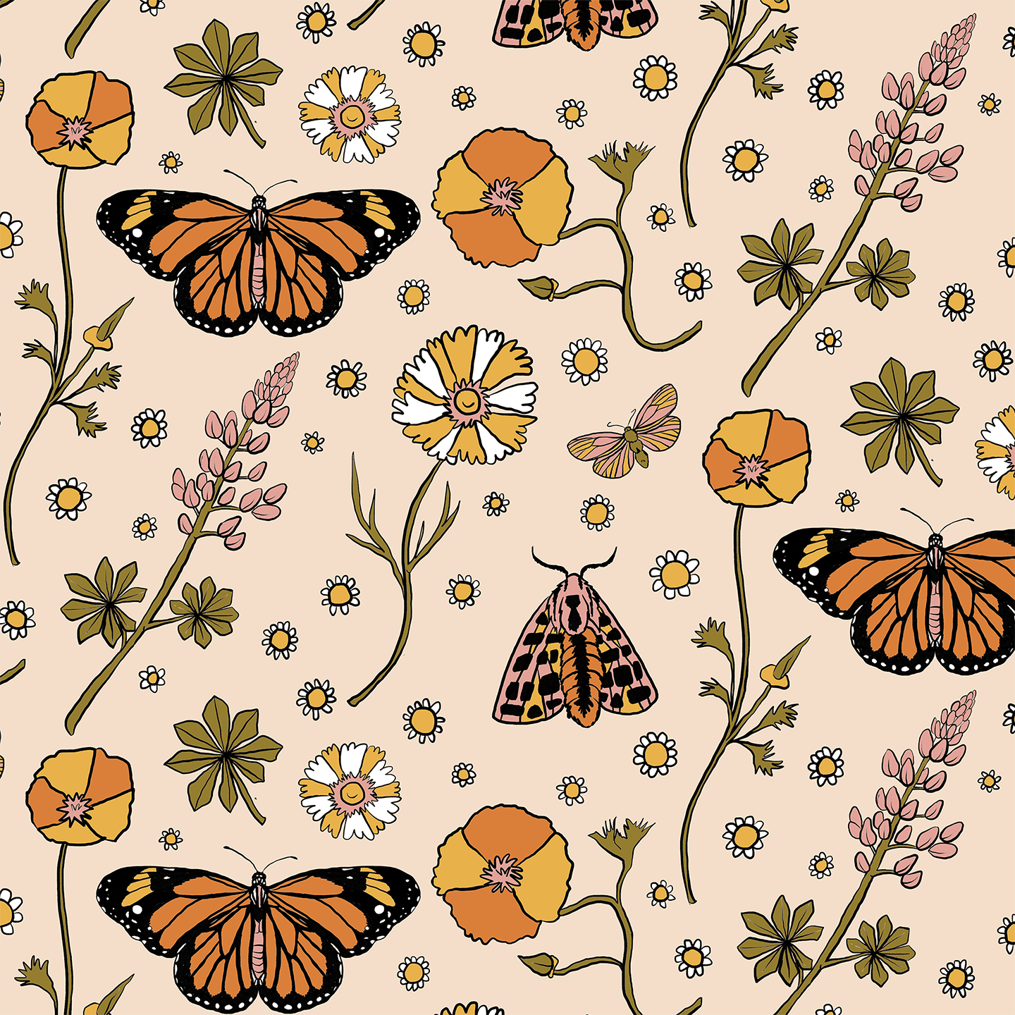 Poppy Please Wallpaper, peach and black