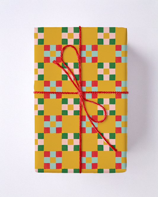 Christmas Quilt Wrapping Paper, Large Roll, yellow