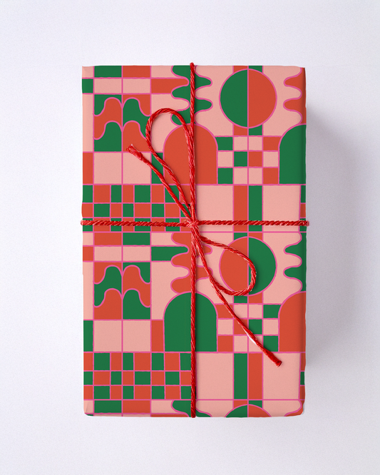 Holiday Stained Glass 02 Wrapping Paper, Large Roll, red, green and coral