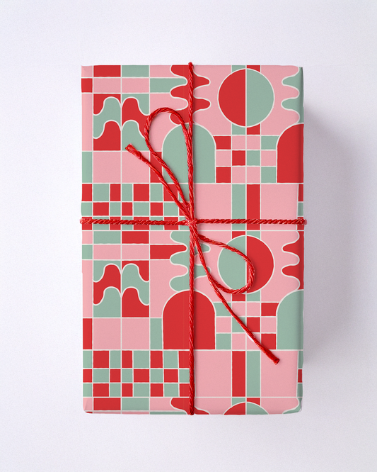 Holiday Stained Glass 02 Wrapping Paper, Large Roll, pink, red and mint