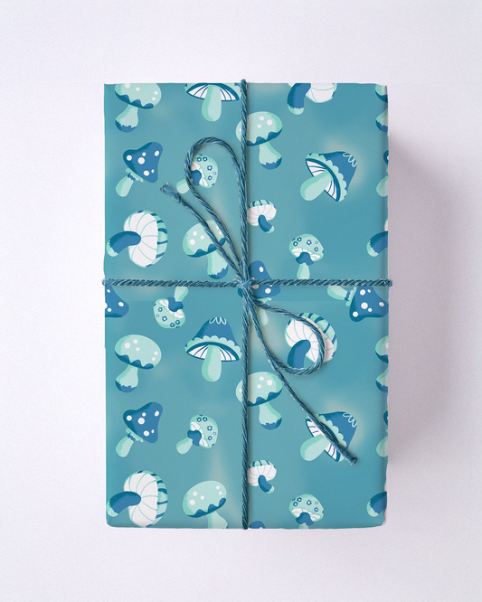 Yuletide Fungi Gift Wrap, blue and teal