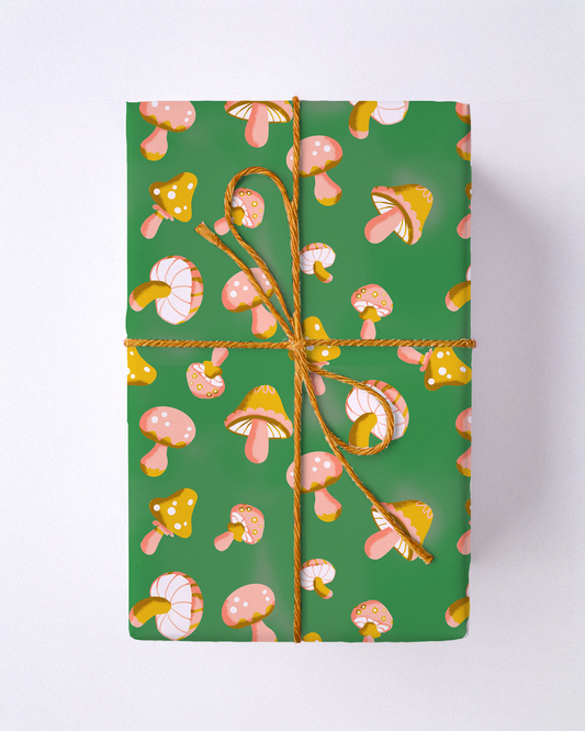 Yuletide Fungi Gift Wrap, green, yellow and peach