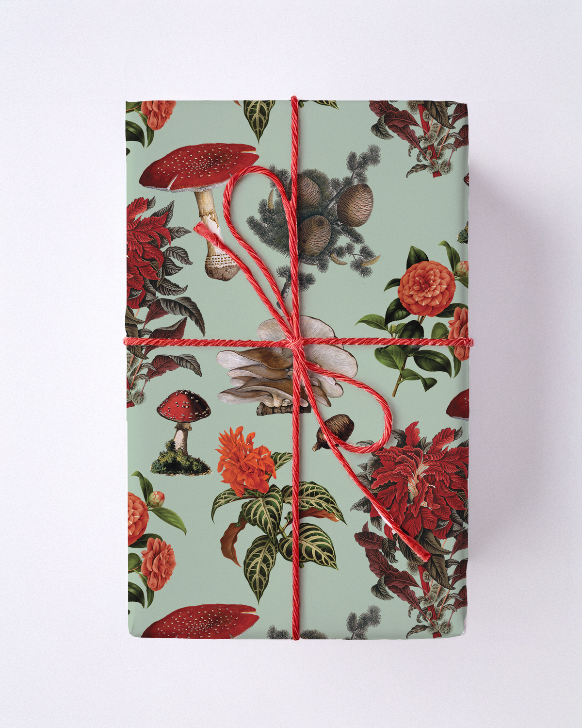 Pines and Shrooms Gift Wrap, mint and red Wrapping Paper