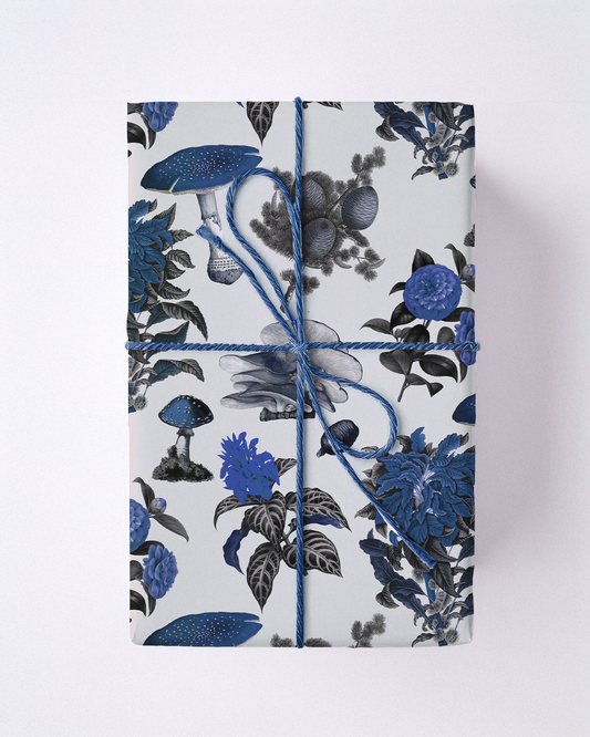 Pines and Shrooms Wrapping Paper, Large Roll, off-white and blue