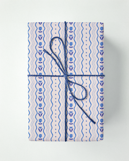 Posy Lane Holiday Gift Wrap, off-white and blue
