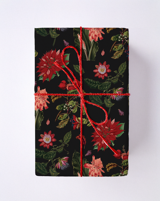 Vintage Poinsettia Wrapping Paper, Large Roll, black & red