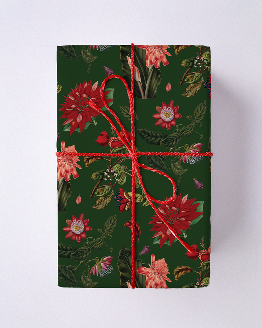 Vintage Poinsettia Wrapping Paper, Large Roll, green & red