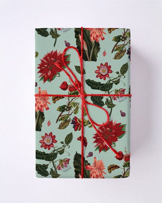 Vintage Poinsettia Wrapping Paper, Large Roll, mint & red