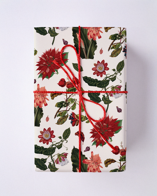 Vintage Poinsettia Wrapping Paper, Large Roll, off-white & red