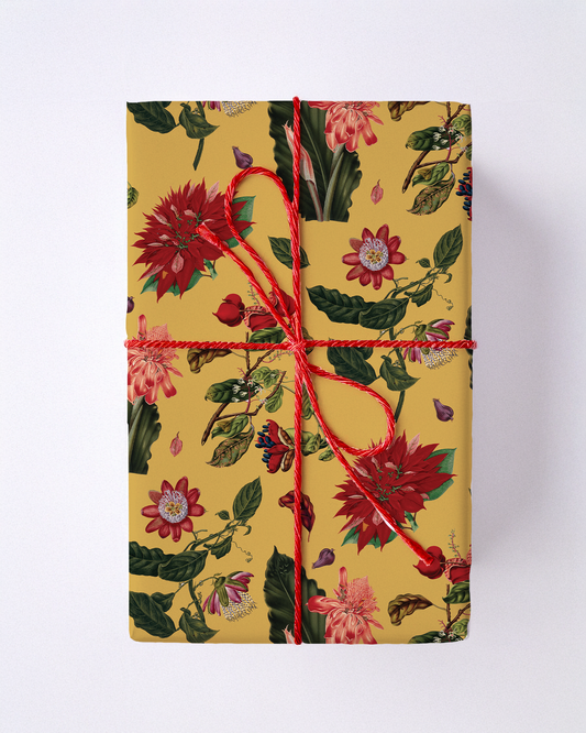 Vintage Poinsettia Wrapping Paper, Large Roll, yellow & red