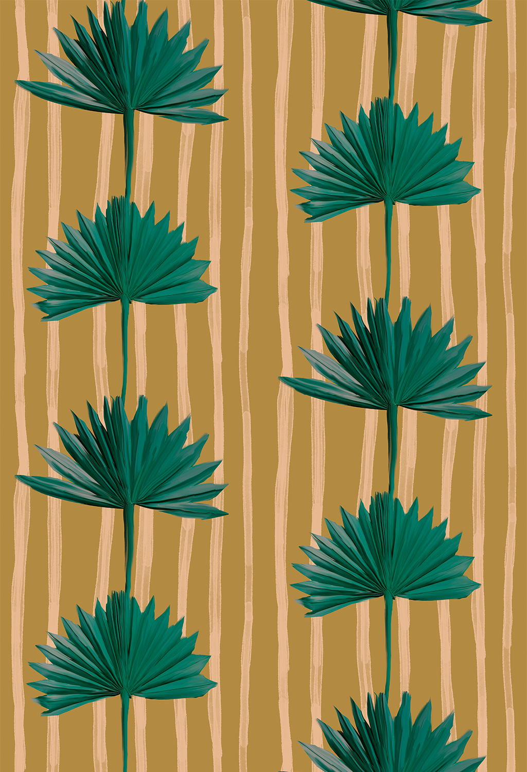 Stripey Palm Wallpaper, mustard and teal