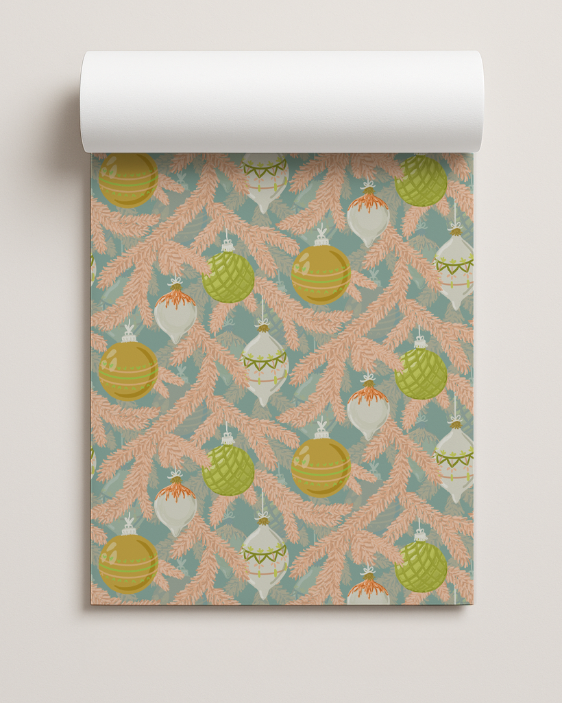 Tinsel Pines Gift Wrap, dusty blue and peach