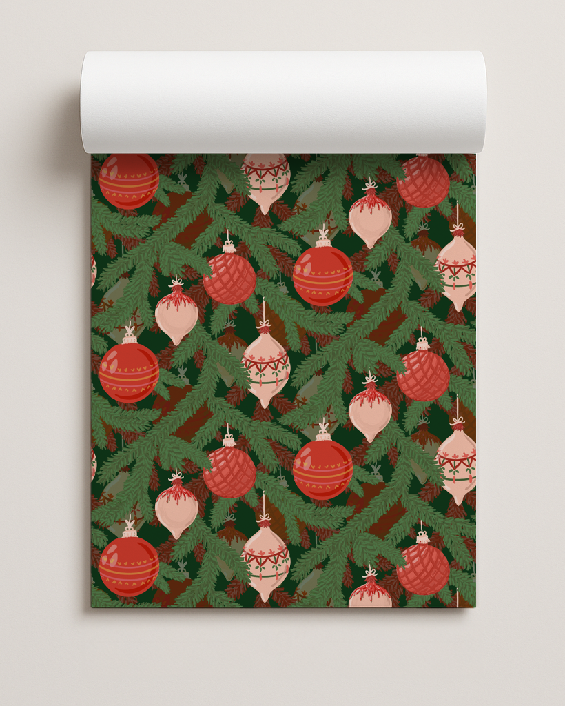 Tinsel Pines Gift Wrap, brick red, red and green