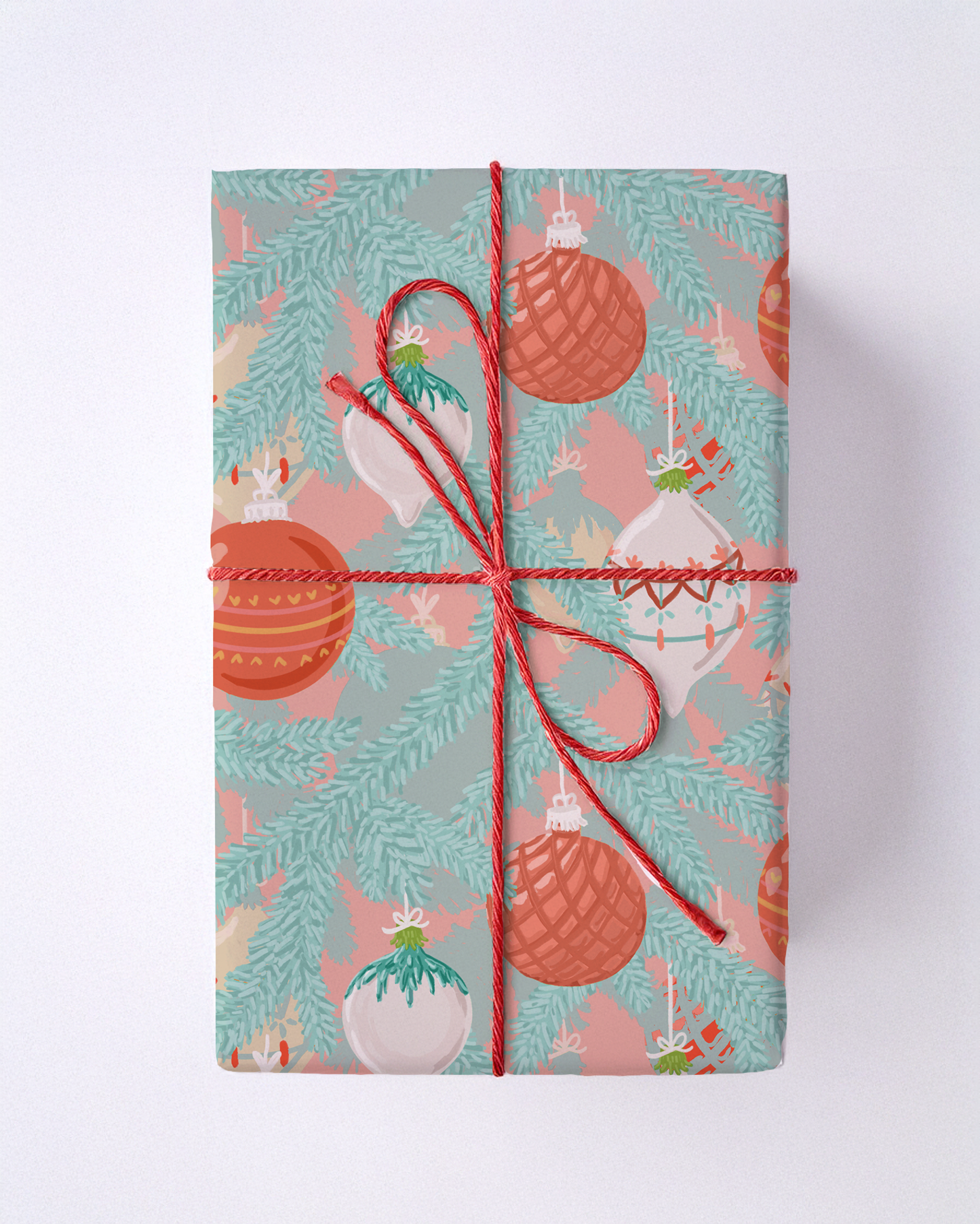 Tinsel Pines Gift Wrap, brick red, blue and coral