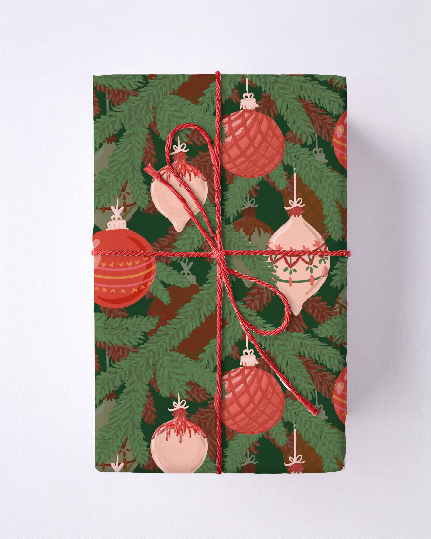 Tinsel Pines Gift Wrap, brick red, red and green