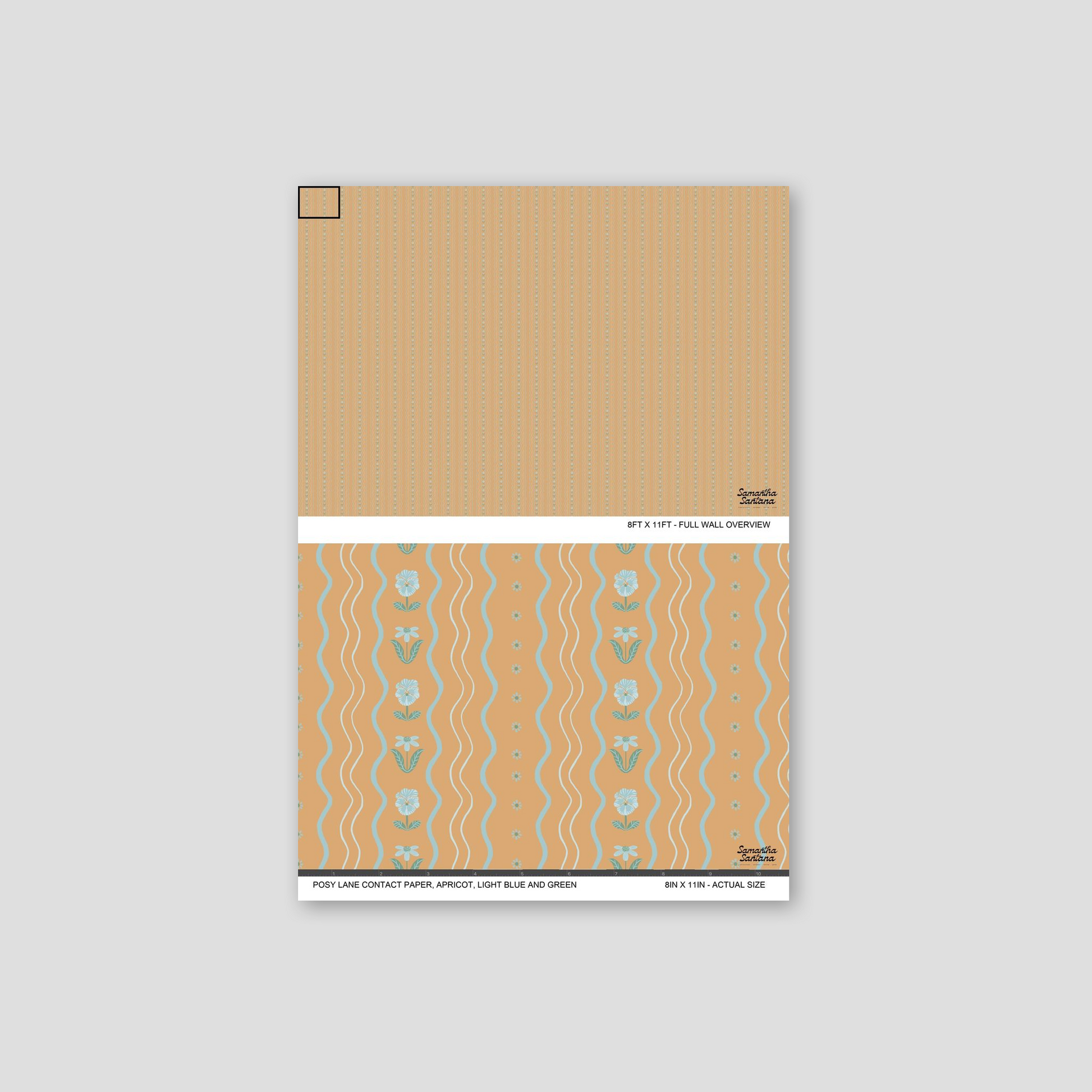Apricot floral contact paper, shelf liner with light blue and green wavy patterns on sample sheet.