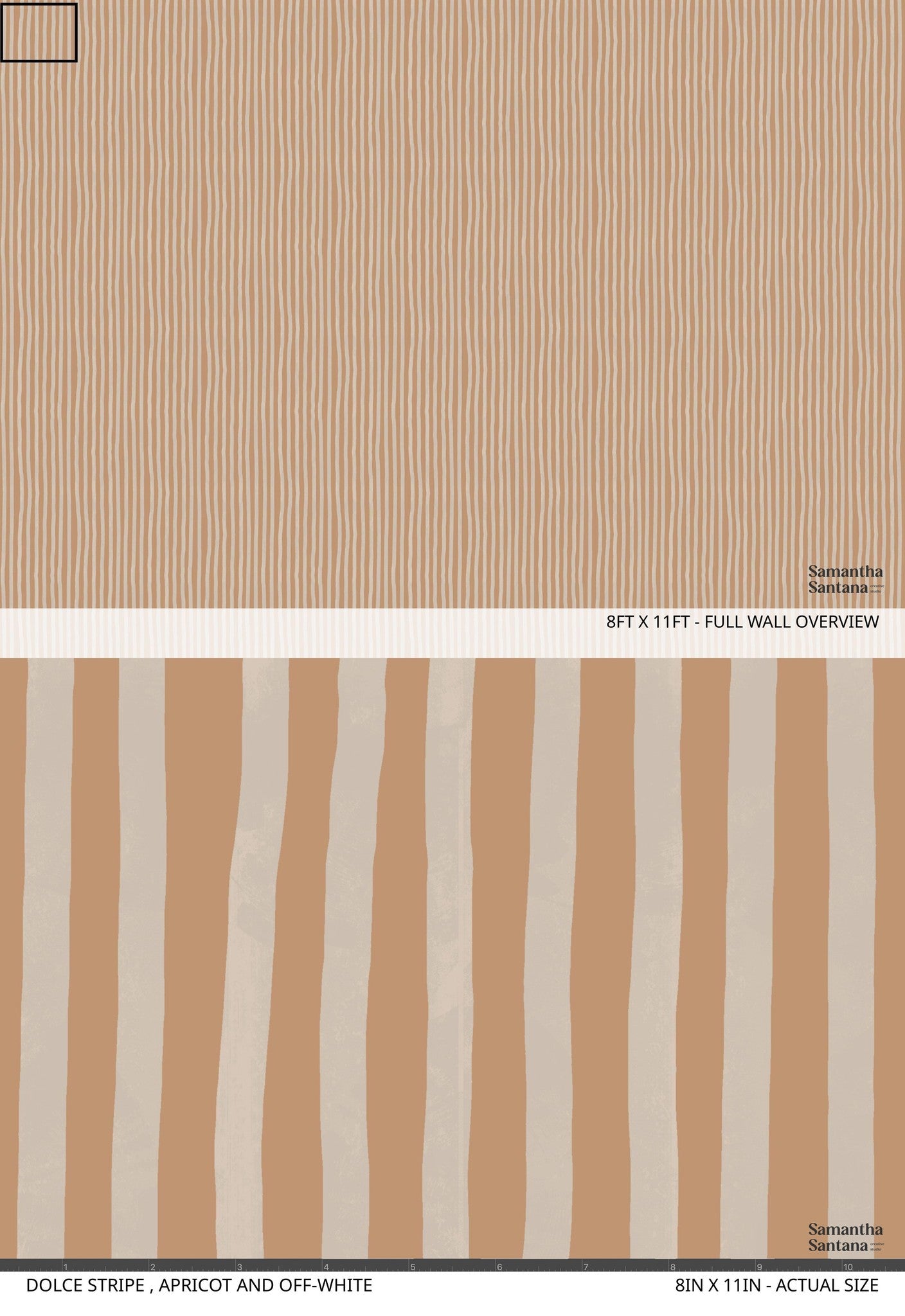 Apricot and off-white striped wallpaper sample with organic flowing lines.
