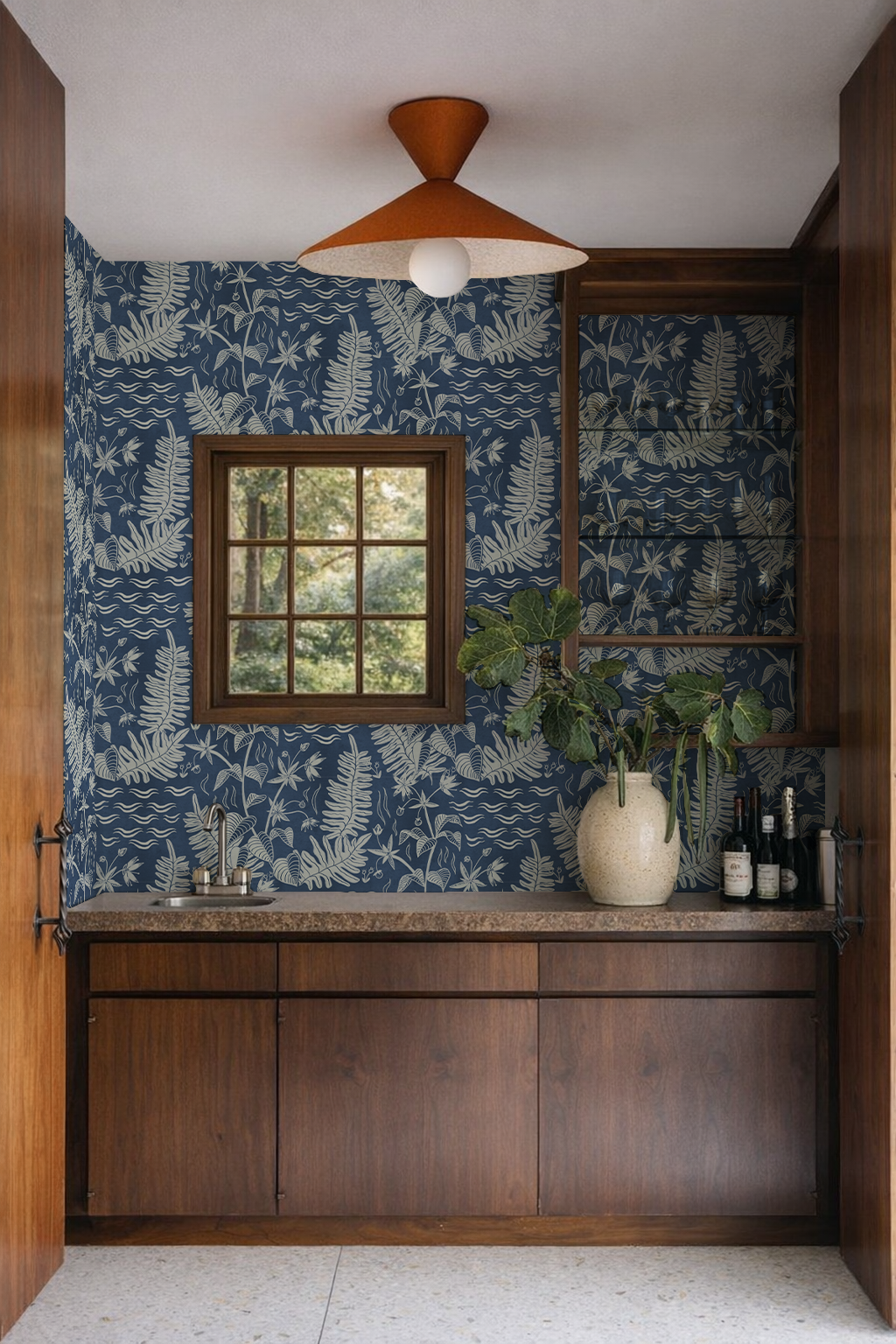 Verdant Folia Wallpaper, blue and off-white