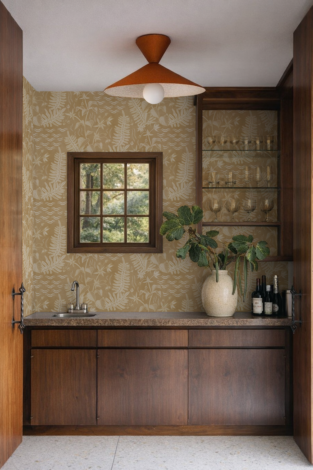 Verdant Folia Wallpaper, butter yellow and off-white