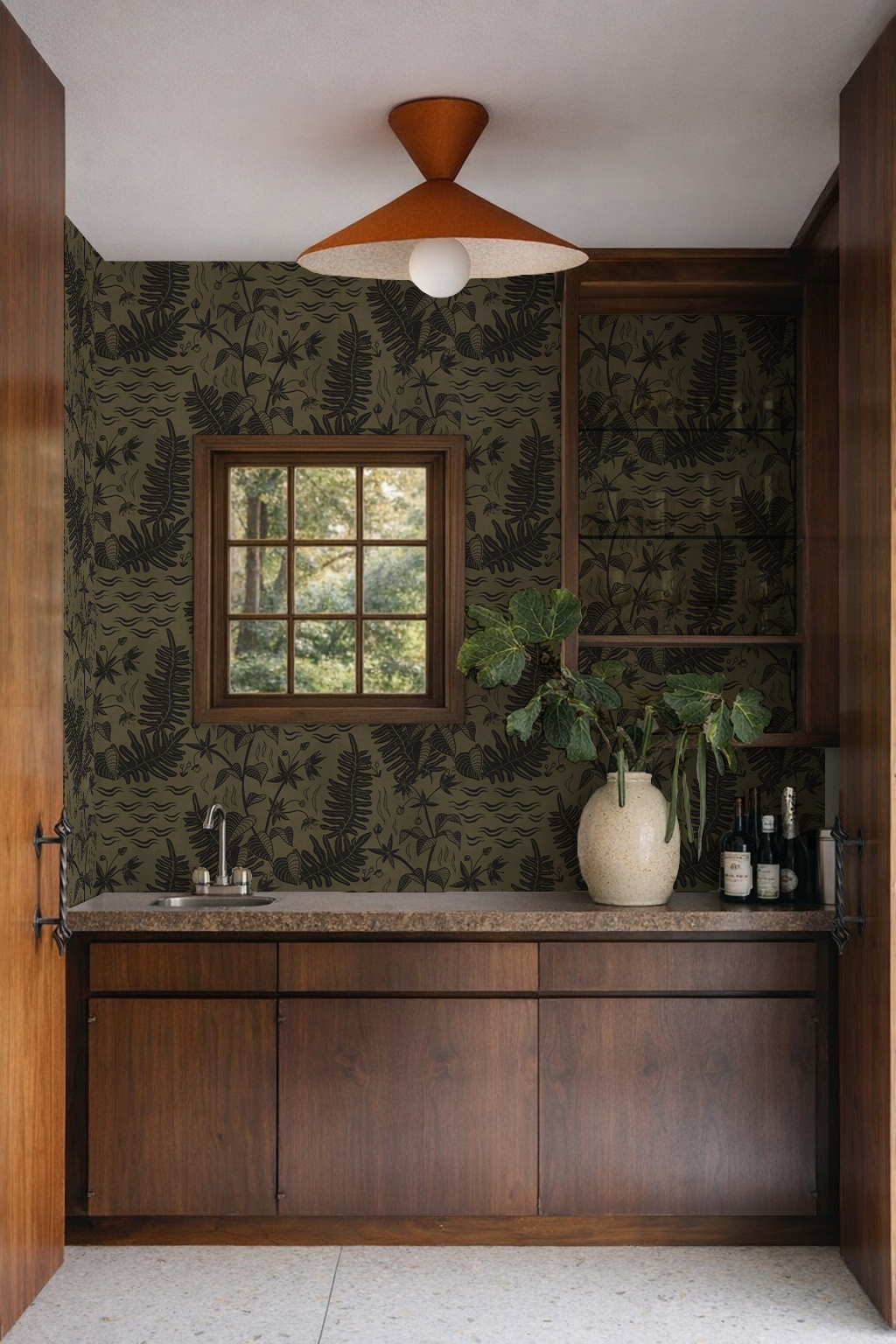 Verdant Folia Wallpaper, dark olive and charcoal