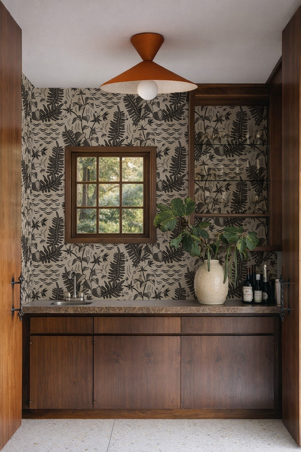 Verdant Folia Wallpaper, neutral and charcoal