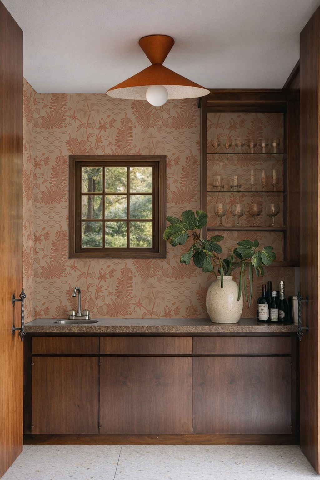 Verdant Folia Wallpaper, peach and orange