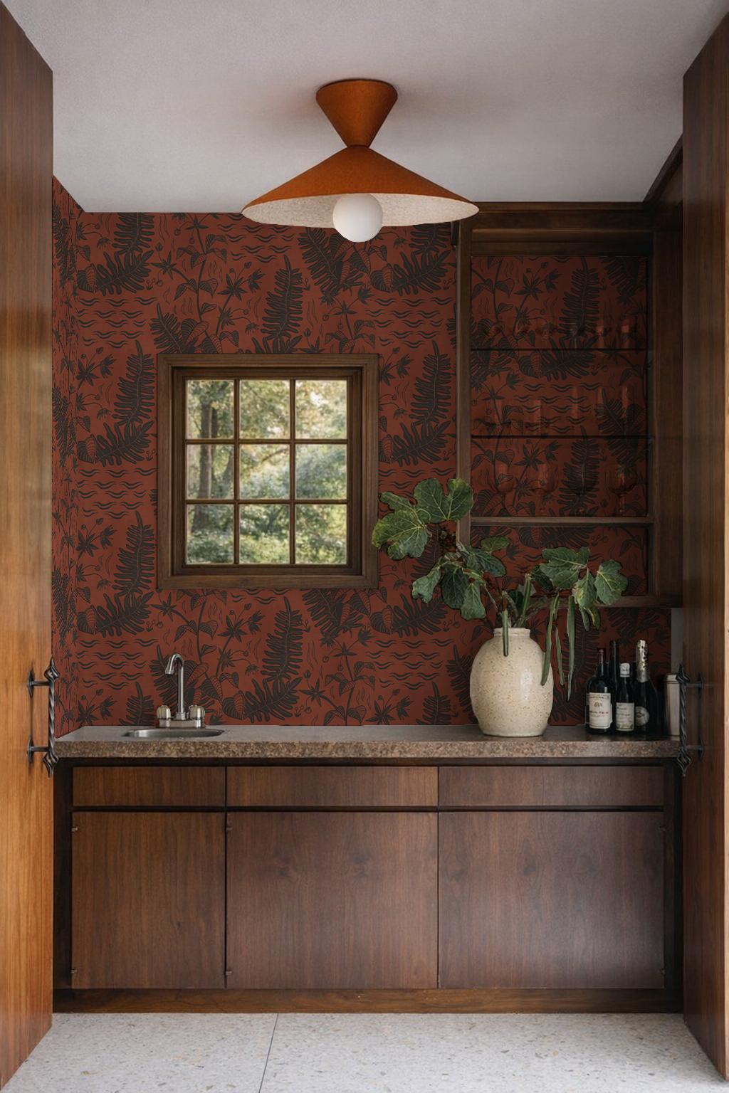 Verdant Folia Wallpaper, rust and charcoal