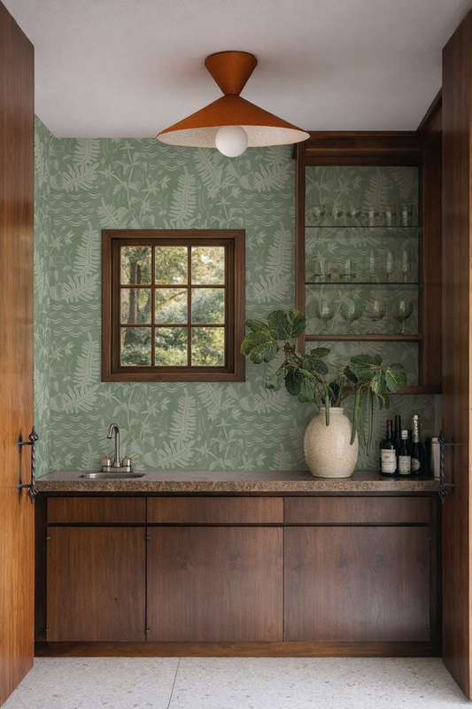 Verdant Folia Wallpaper, sage and off-white