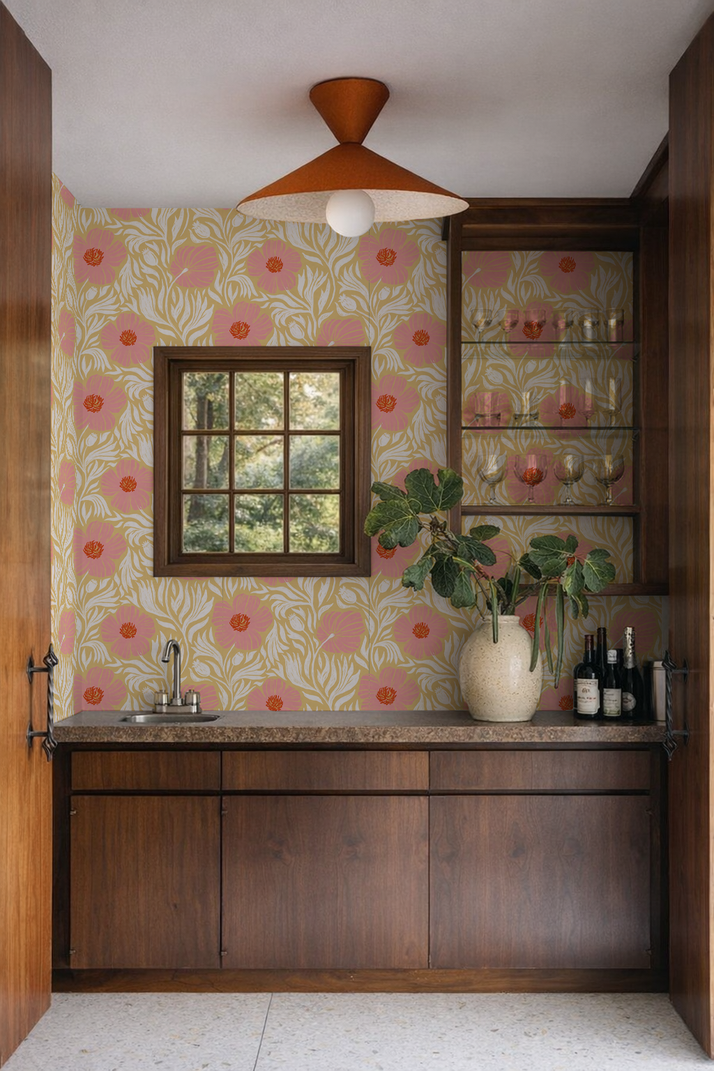 Matilija Wallpaper, butter yellow, pink and white