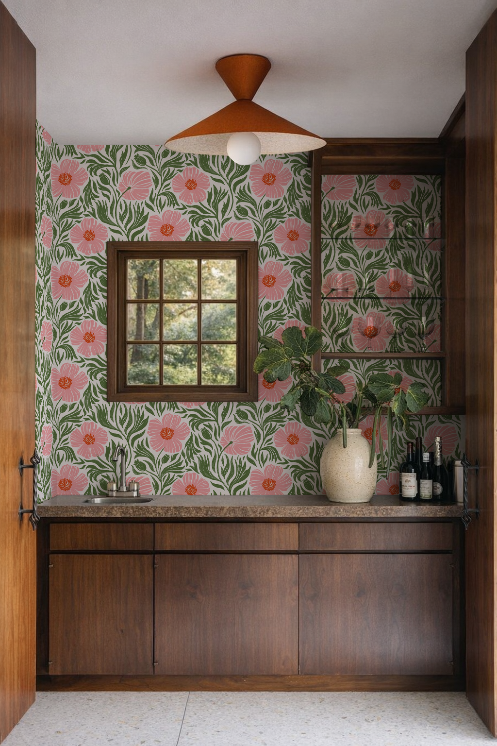 Matilija Wallpaper, white, pink and green