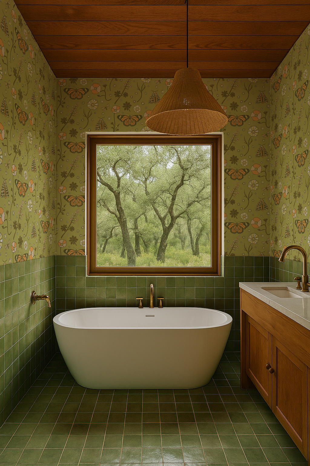 Poppy Please Wallpaper, chartreuse and orange