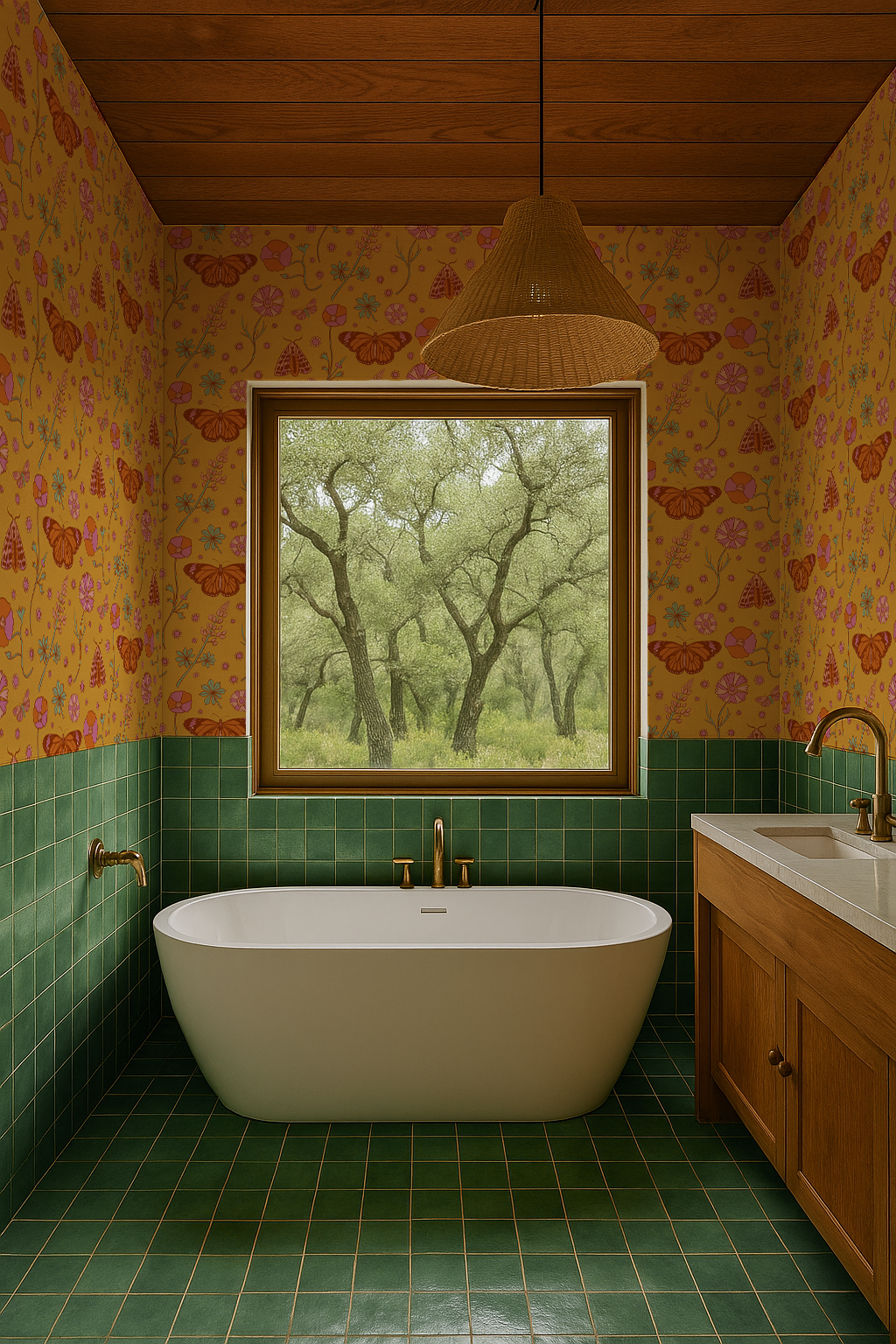 Poppy Please Wallpaper, mustard and pink