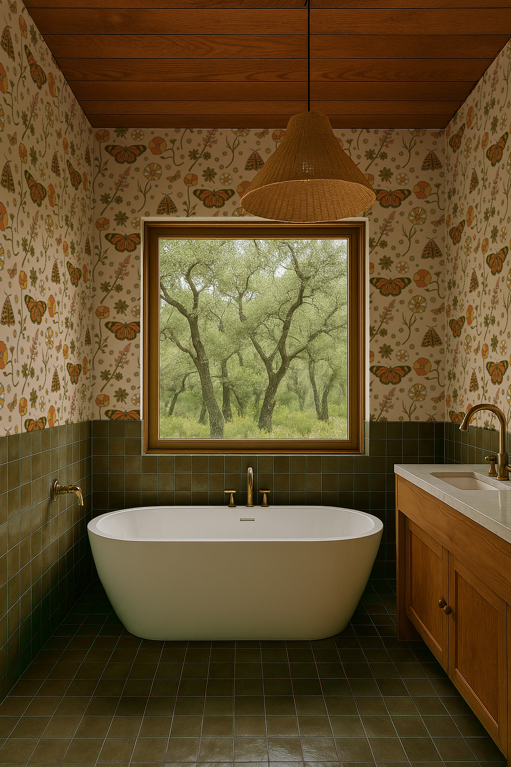 Poppy Please Wallpaper, peach and olive