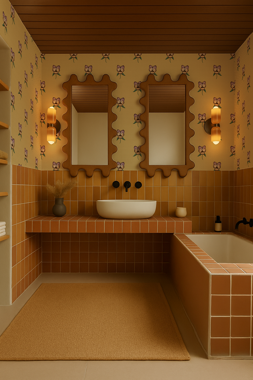 Pansy Parade Wallpaper, butter yellow and purple