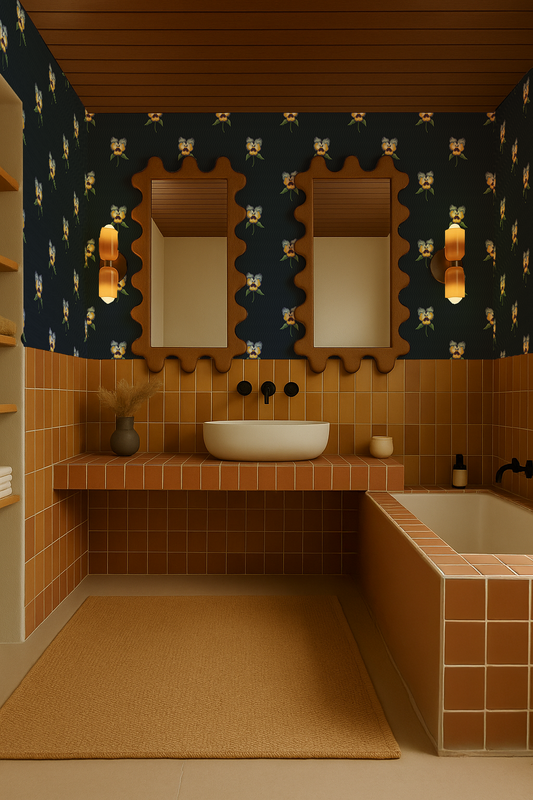 Pansy Parade Wallpaper, navy and yellow