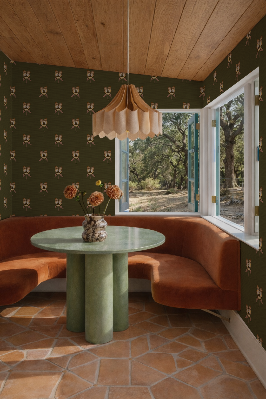 Pansy Parade Wallpaper, olive green and brown