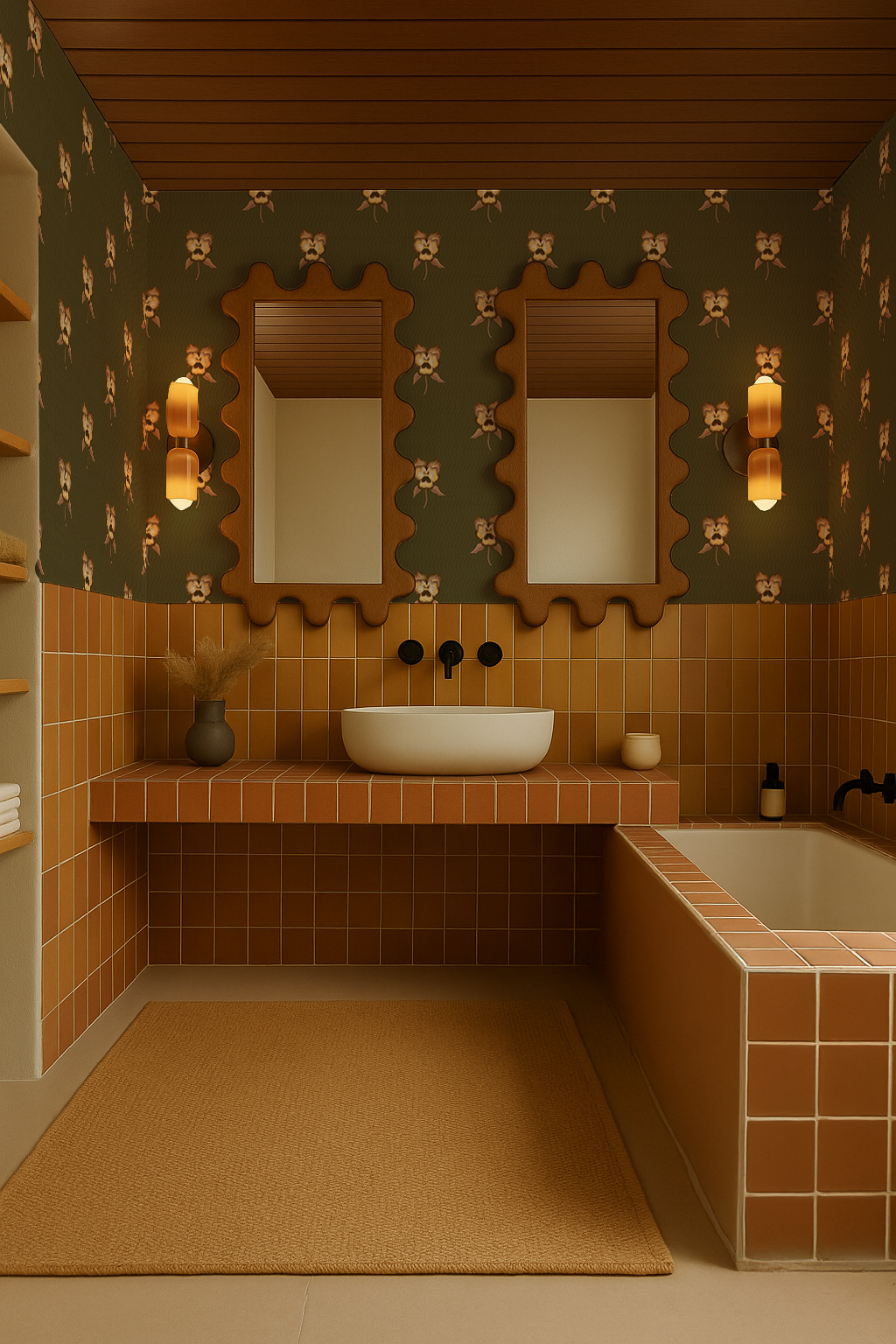 Pansy Parade Wallpaper, olive green and brown