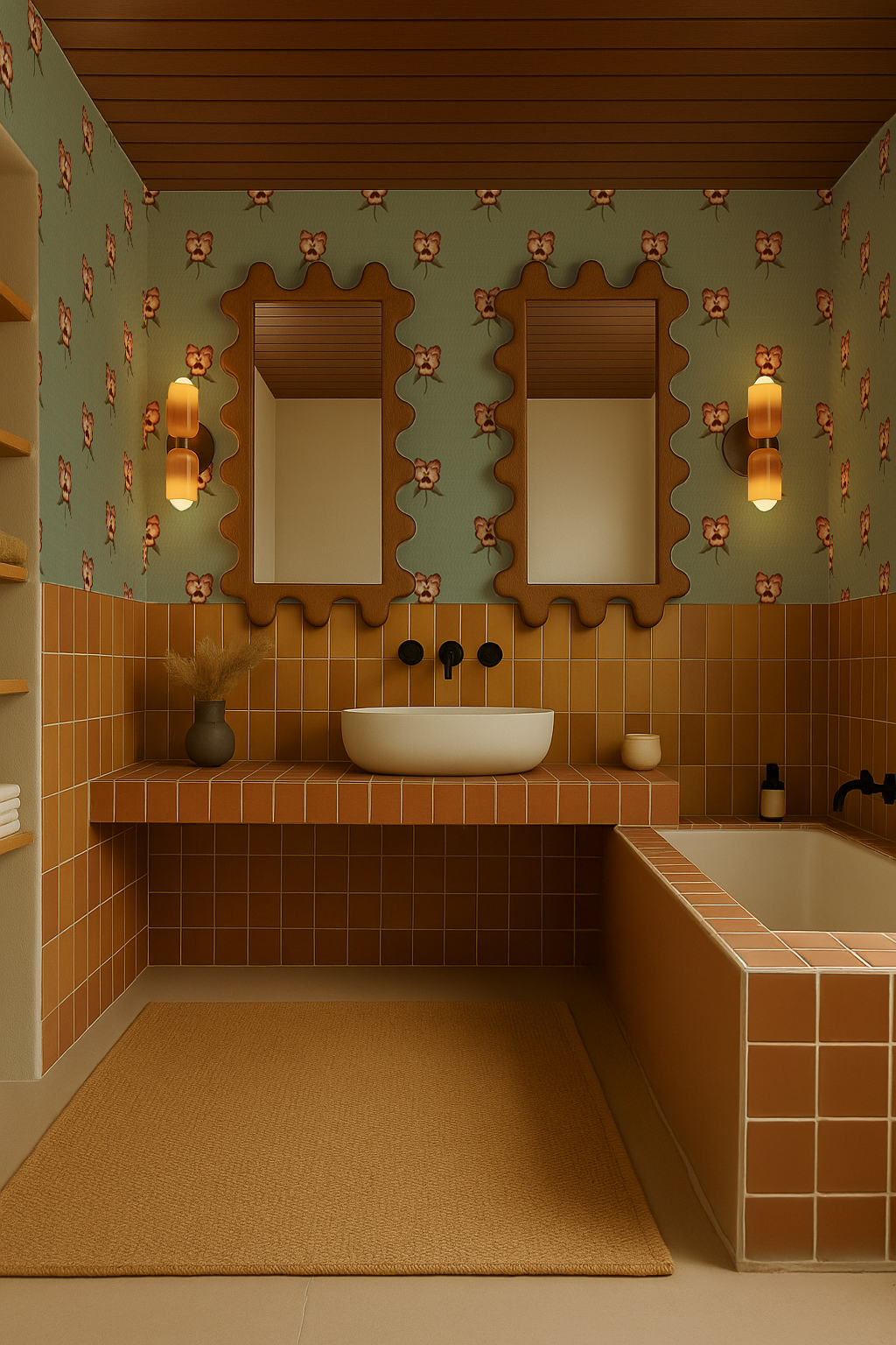 Pansy Parade Wallpaper, sage and brown