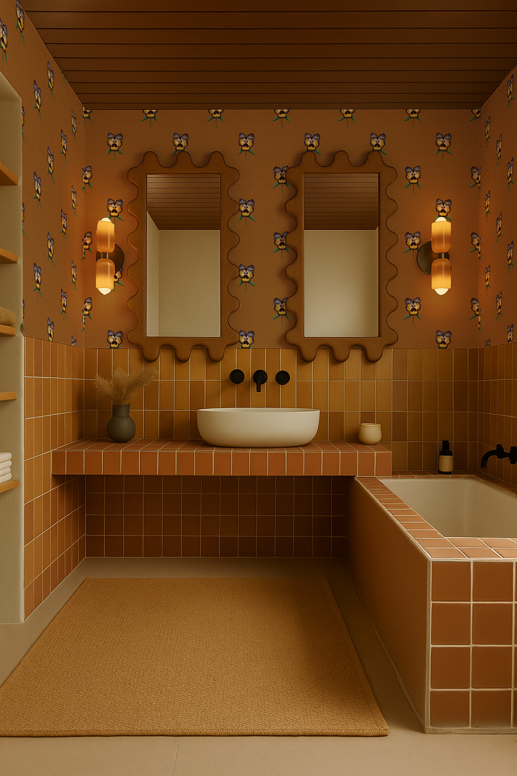 Pansy Parade Wallpaper, toffee and violet