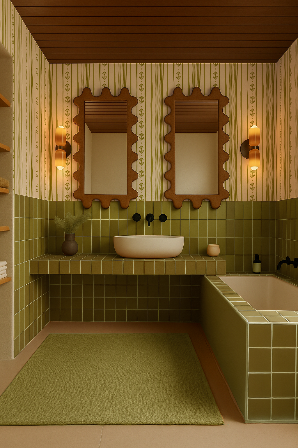 Daisy Chain Stripe Wallpaper, beige and chartreuse green