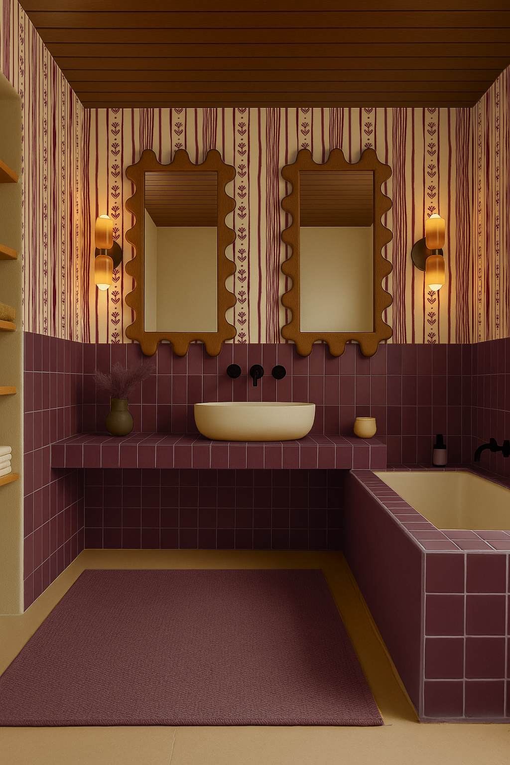 Daisy Chain Stripe Wallpaper, beige and eggplant purple