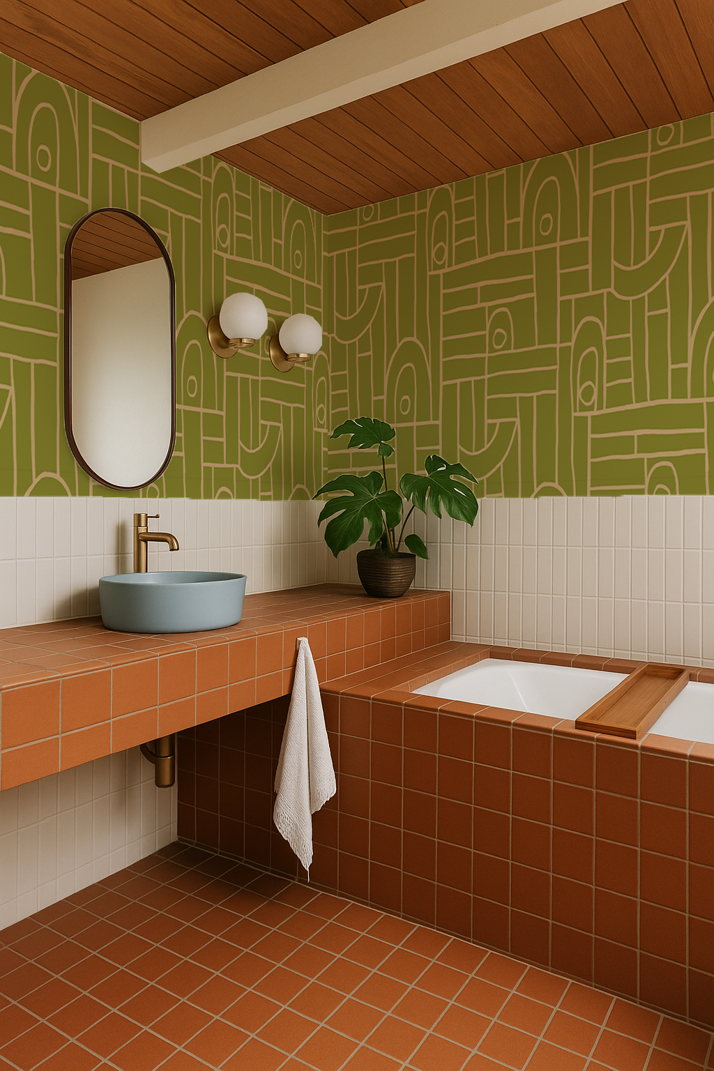 Deco Tile Wallpaper, chartreuse and peach