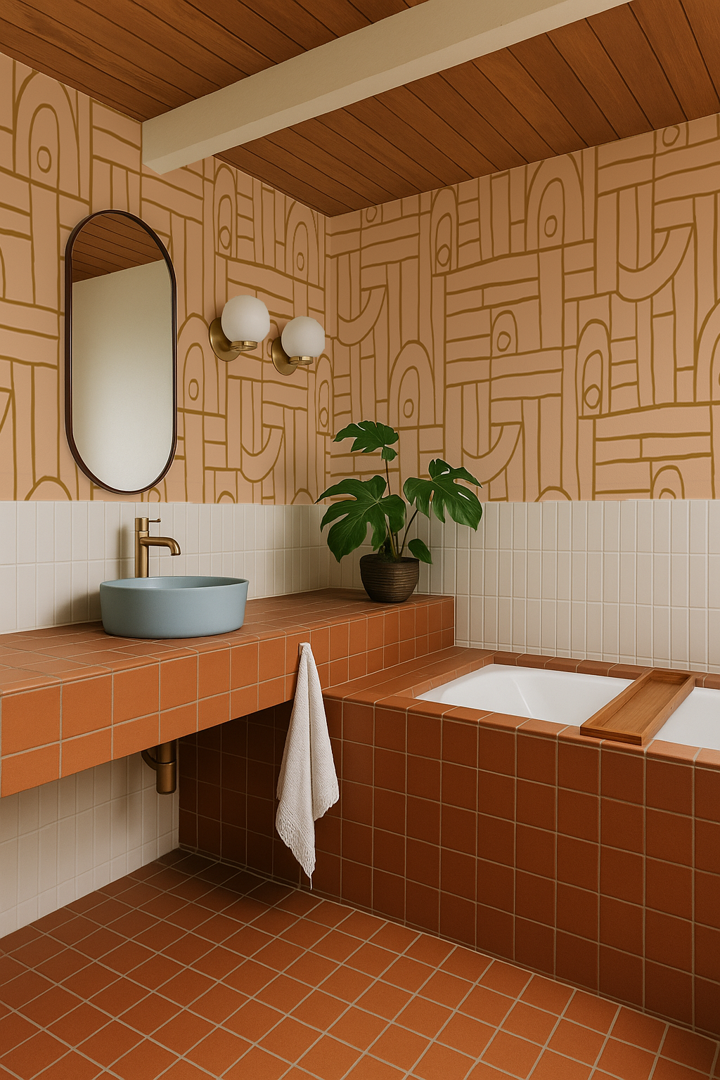 Deco Tile Wallpaper, peach and mustard