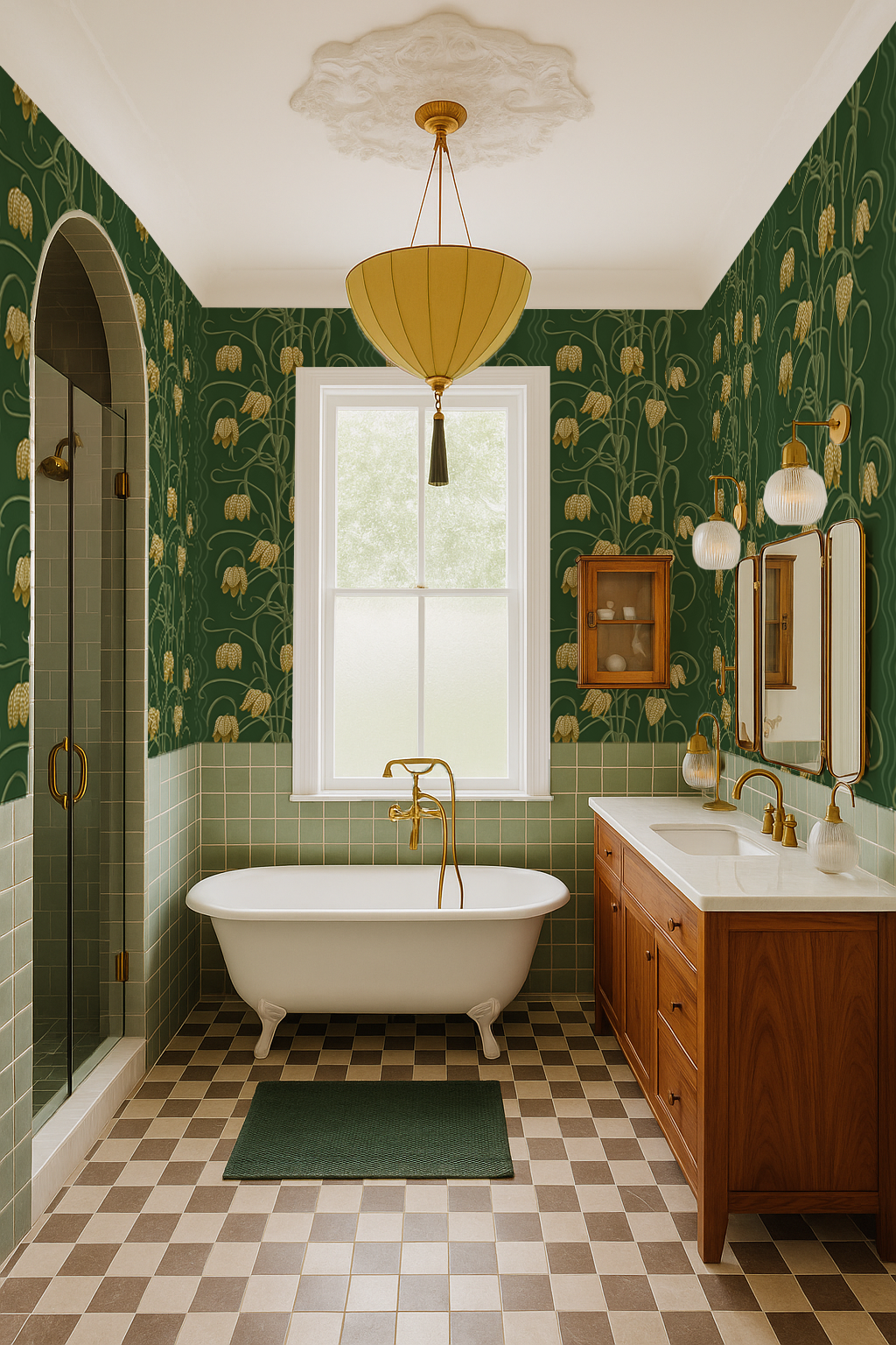 Campanas Wallpaper, dark green and ocher